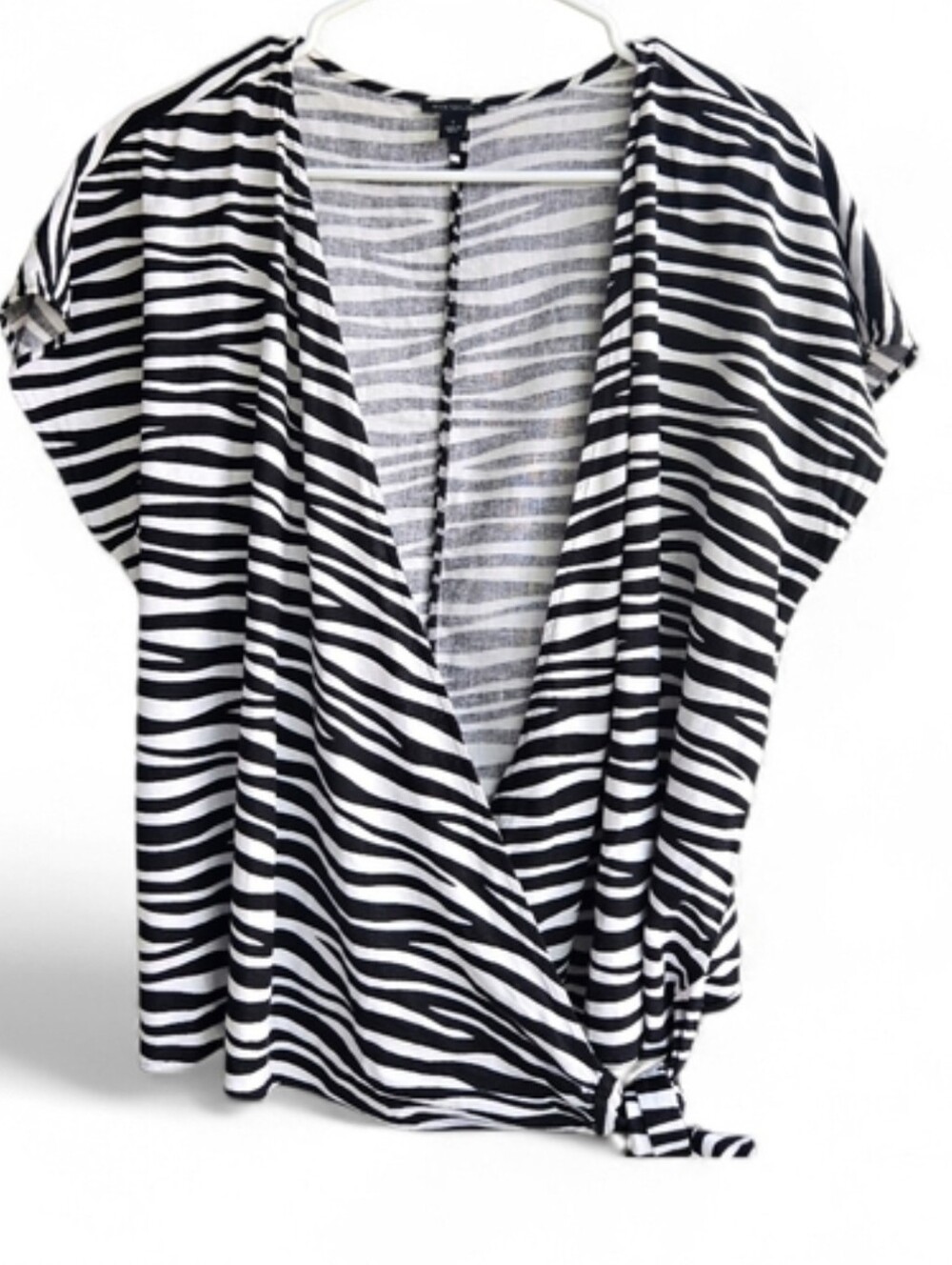 Faux Wrap Zebra Striped Ann Taylor Short Sleeve Top Linen/Rayon LG